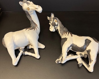 Set of 2 Handcrafted Ceramic Horse Figurines: Bier 2003 White Gray Vintage Decor