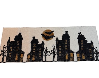 Tahari Luxury Beaded Halloween Haunted House Table Runner 13"x36" With Bats & Full Moon
