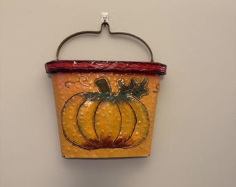 Metal Pumpkin Wall Hanging Bucket Decor With Handle - Autumn/Fall Themed