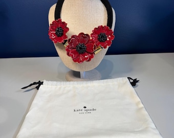 Kate Spade Red Flower Statement Necklace With Dust Bag - Bold Floral Design Black Accents Adjustable Closure