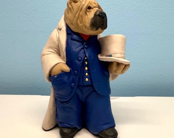 Imaginals Shar Pei Dog Figurine By Ka Graves 1994 Blue Vest & White Coat Top Hat Collectible