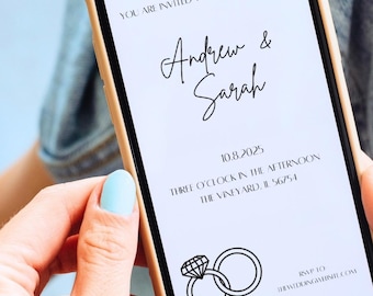 May include: A smartphone screen displaying a wedding invitation for Andrew & Sarah. The invitation is for 10.8.2025 at three o'clock in the afternoon at The Vineyard, IL 56754. The RSVP information is included at the bottom of the screen.