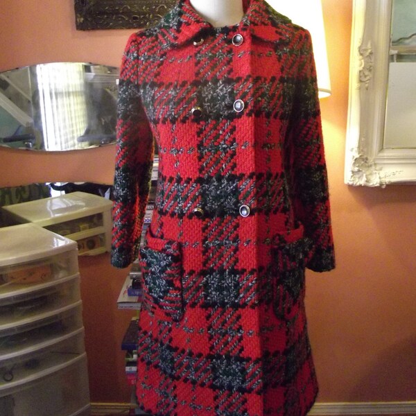 1960 's zware Tweed jas rood-oranje Plaid grijs Hunter Green zwart Vintage Medium grote ML peter pan kraag