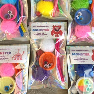 May include: Clear cellophane bags filled with colorful craft supplies for creating monsters. Each bag contains pom-poms, pipe cleaners, plastic lids with googly eyes, and a label that reads "Build Your Own Birthday Monster."