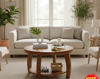 Solid Wood Round Coffee Table with Storage Shelf