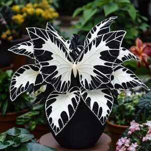 May include: A black and white butterfly sculpture with detailed wing designs. The sculpture is displayed in a black pot, set against a backdrop of lush greenery and flowers, offering a visual contrast.