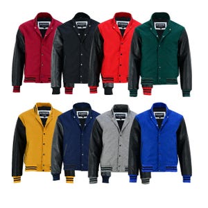 May include: A set of ten varsity jackets in different colors, including red, green, blue, yellow, gray, and navy. Each jacket has black leather sleeves and a white stripe around the cuffs and bottom hem. The jackets have a button closure and a classic varsity style.