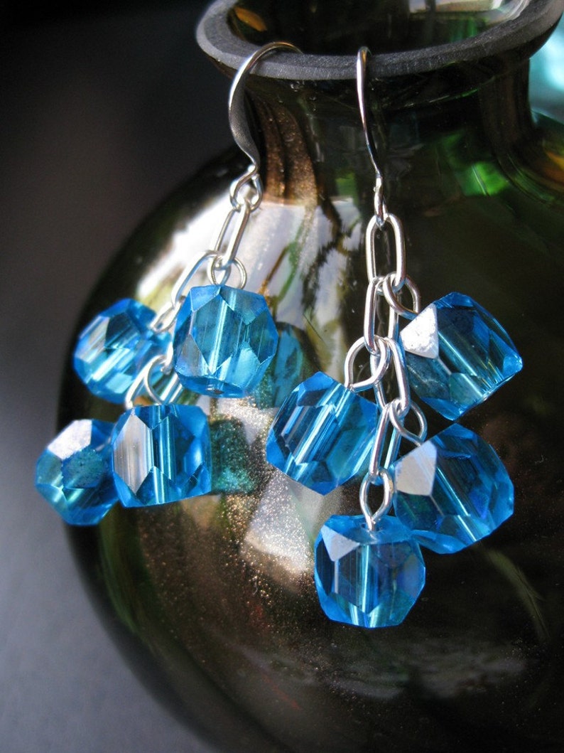 Modern vintage upcycled faceted blue earrings image 1