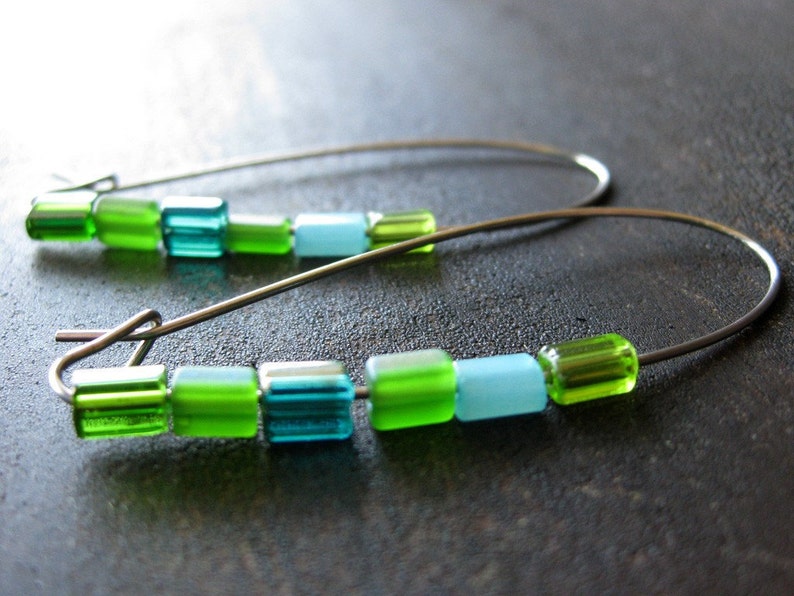 Green glass minibeads in mixed hues earrings image 1