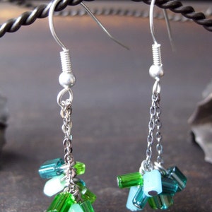 Multi-colored green glass mini bead and chain earrings image 3