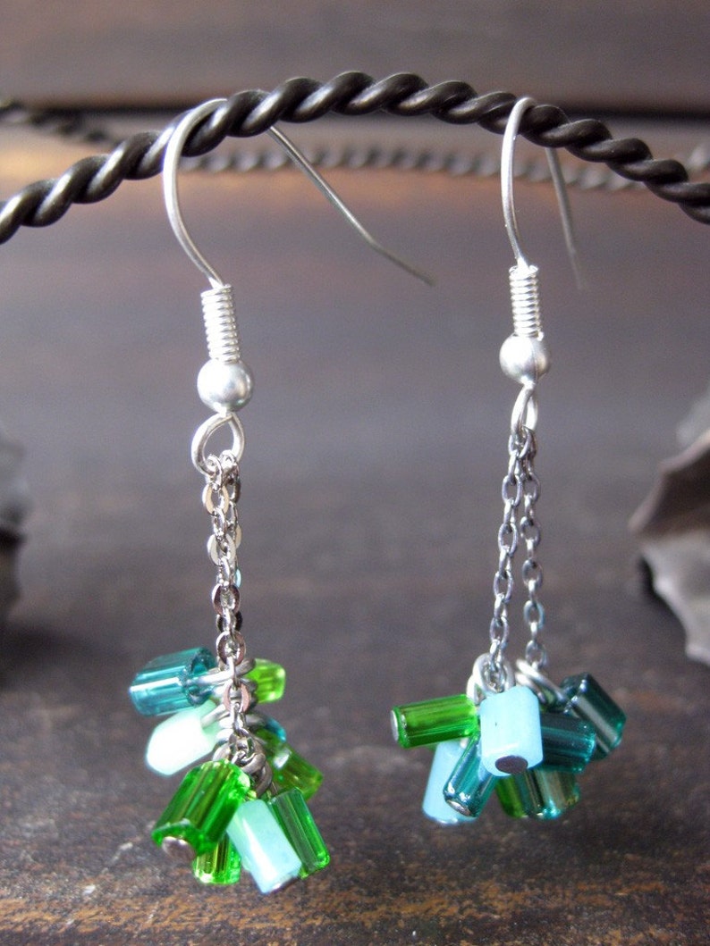 Multi-colored green glass mini bead and chain earrings image 3