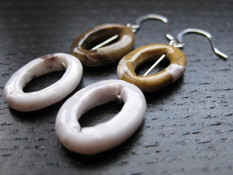 Mookaite tan and cream oval dangle earrings image 1