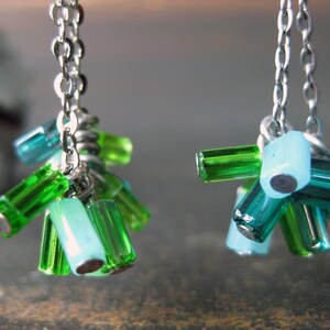 Multi-colored green glass mini bead and chain earrings image 2