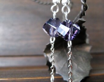 Violet glass and chain drop earrings