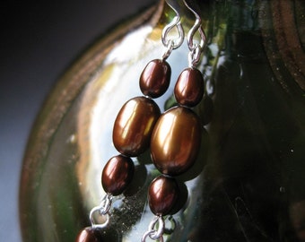 Chocolate pearl and silver dangle earrings