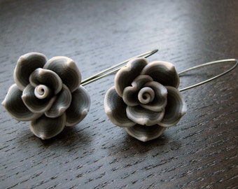 Grey and white modern floral earrings