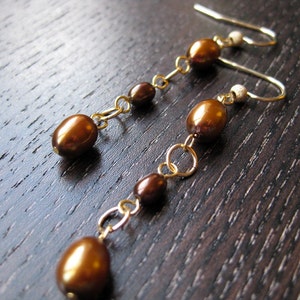 Chocolate pearl and gold earrings image 2