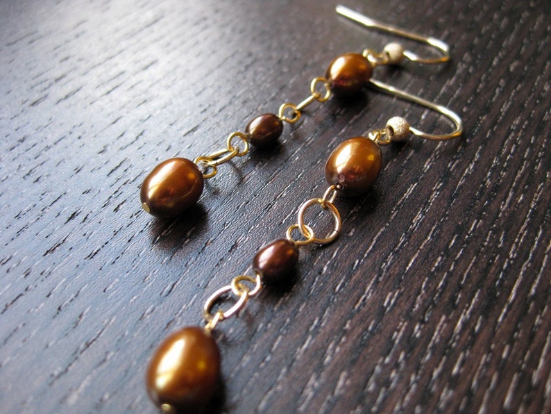 Chocolate pearl and gold earrings image 2
