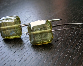 Pale spring bud green iridescent glass earrings