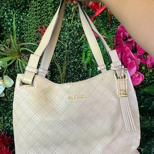 Calvin Klein Beige Cream Color Bag Purse with Double Straps Quilted Design, Magnetic Closure, Tassle