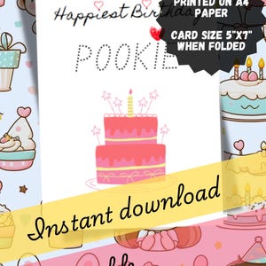 Alles Gute zum Geburtstag Pookie Kuchen Karte, süße Geburtstagskarte, Geburtstagskarte mit Kuchen und Herzen, leere Nachricht, anpassbar
