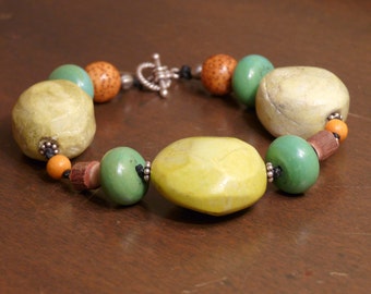 Turquoise Betel Nut and Wood Linen Bracelet