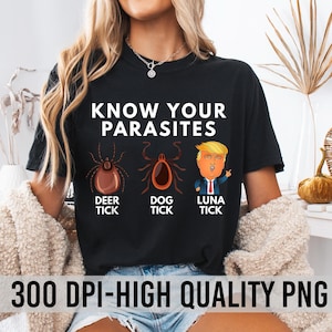 May include: A black t-shirt with the text "Know Your Parasites" and three cartoon images of ticks labeled "Deer Tick", "Dog Tick", and "Luna Tick".
