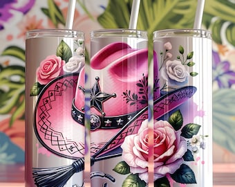 Cappello rosa Werstern Cowgirl Tumbler Wrap PNG, Donne di campagna PNG, Design a sublimazione, Ragazza occidentale e rose, Sparkle 20oz Skinny Tumbler Wrap
