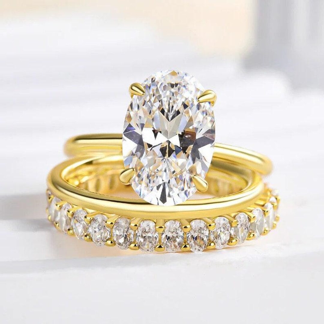 Oval Cut Moissanite Wedding Ring Set, Three Piece Engagement Ring Set ...
