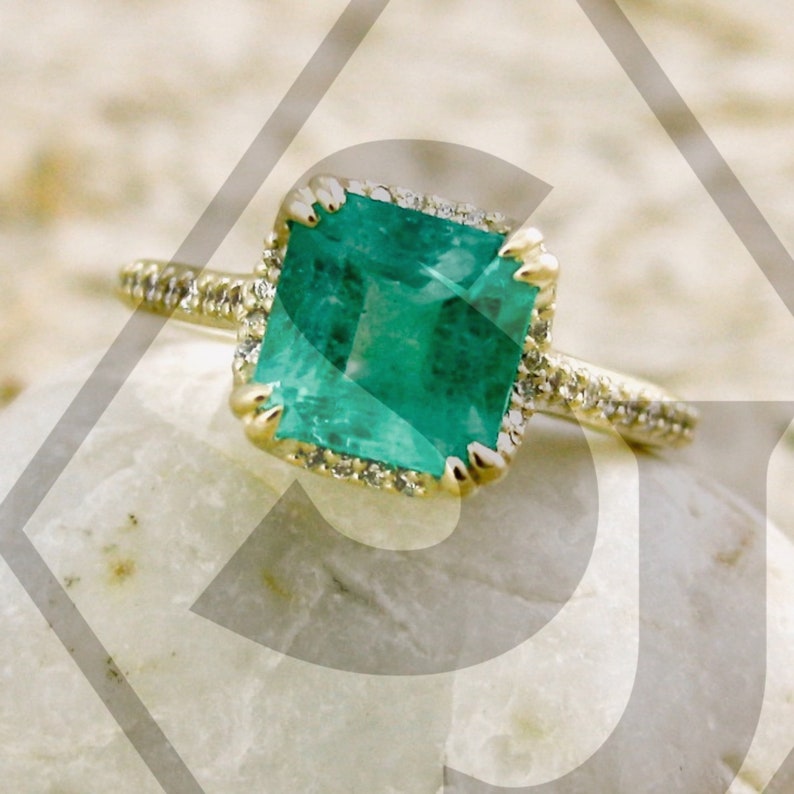 Cushion Cut Emerald Engagement Ring in 14K Yellow Gold with Etsy