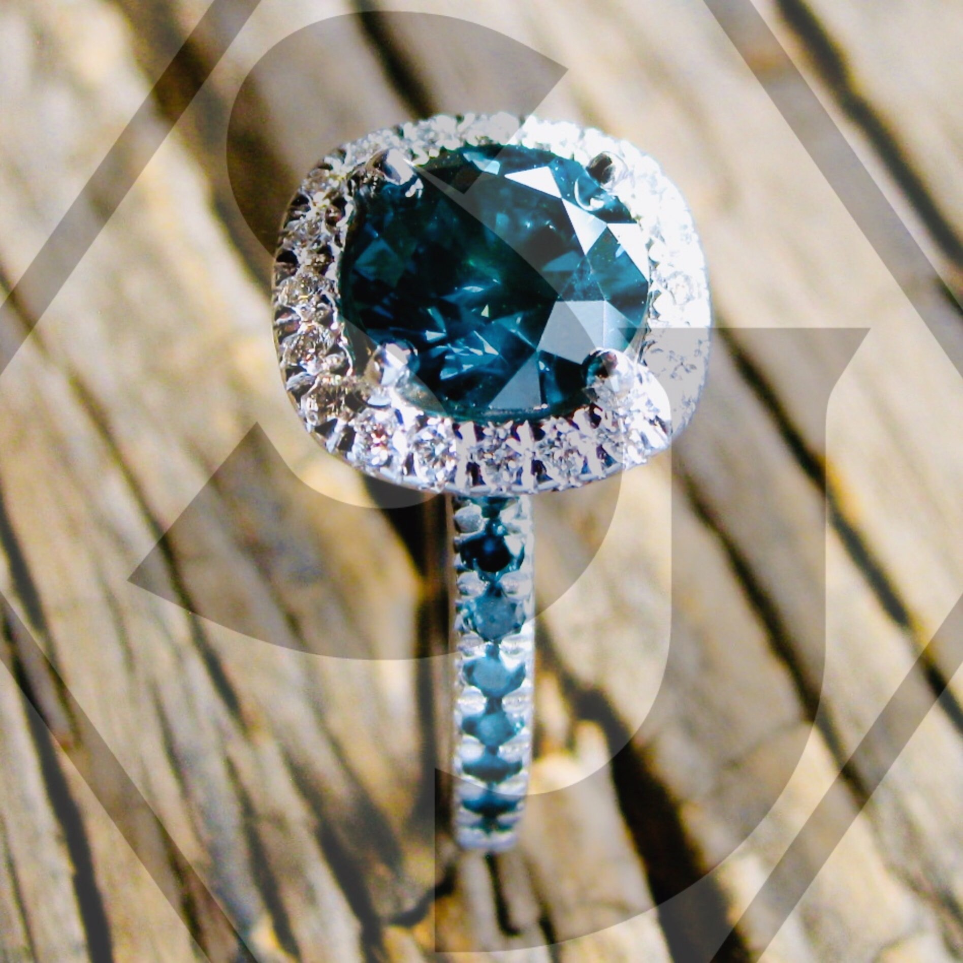 Teal Blue Diamond Engagement Ring with Diamonds in 14K White Etsy