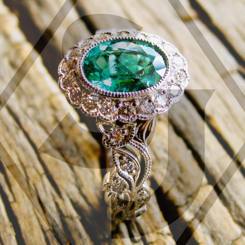 Oval Cut Green Emerald Engagement Ring in 14K White Gold with Etsy