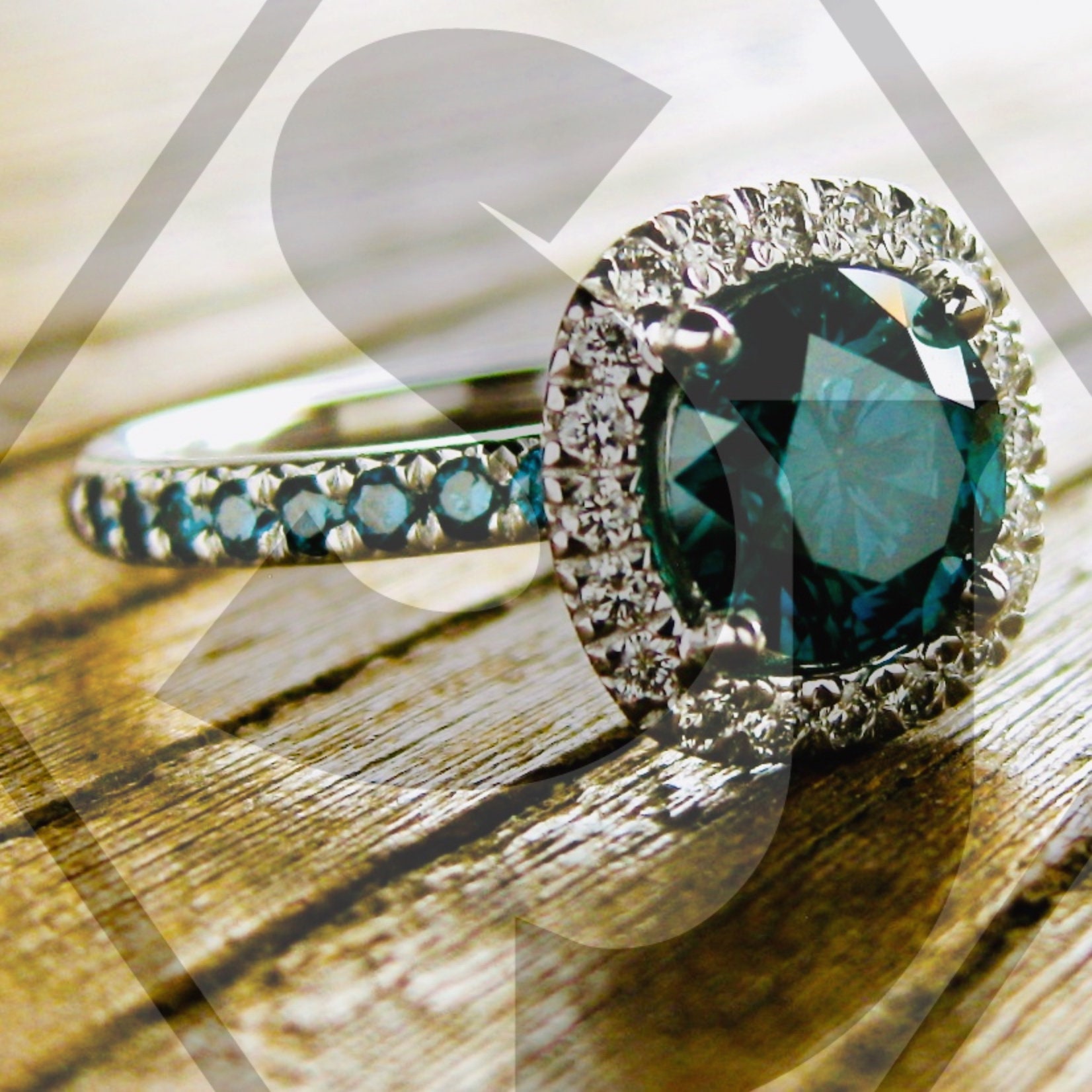 Teal Blue Diamond Engagement Ring with Diamonds in 14K White Etsy