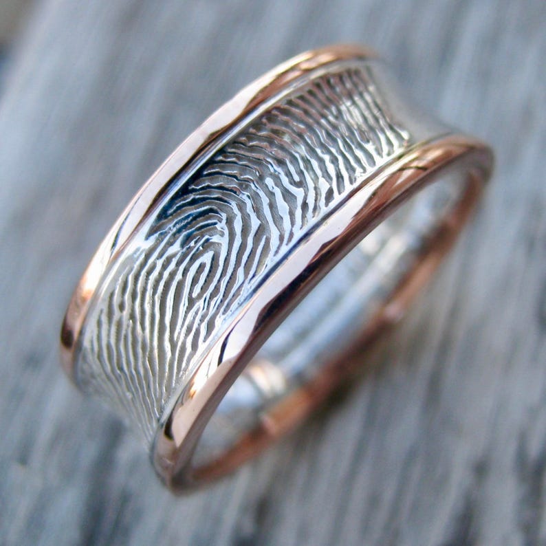 Fine Finger Print Wedding Band in Two Tone 14K White & Rose Etsy