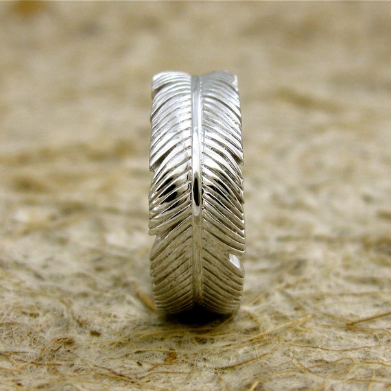Items similar to Handmade Elegant Wide Feather Wrap Band in 14K White