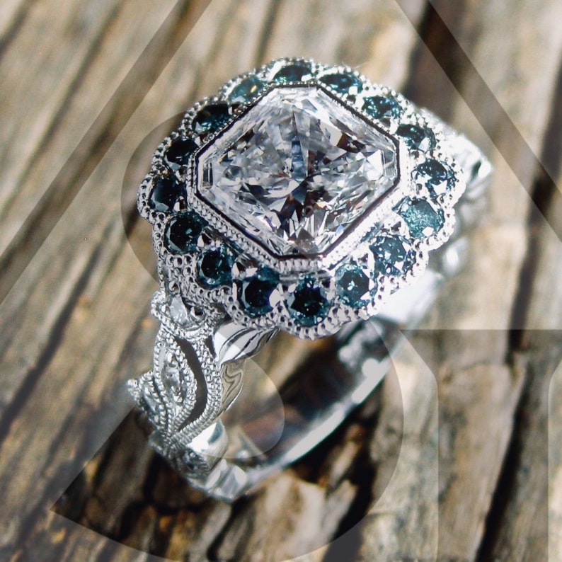 Radiant Cut Diamond Engagement Ring in Platinum with Teal Blue Etsy