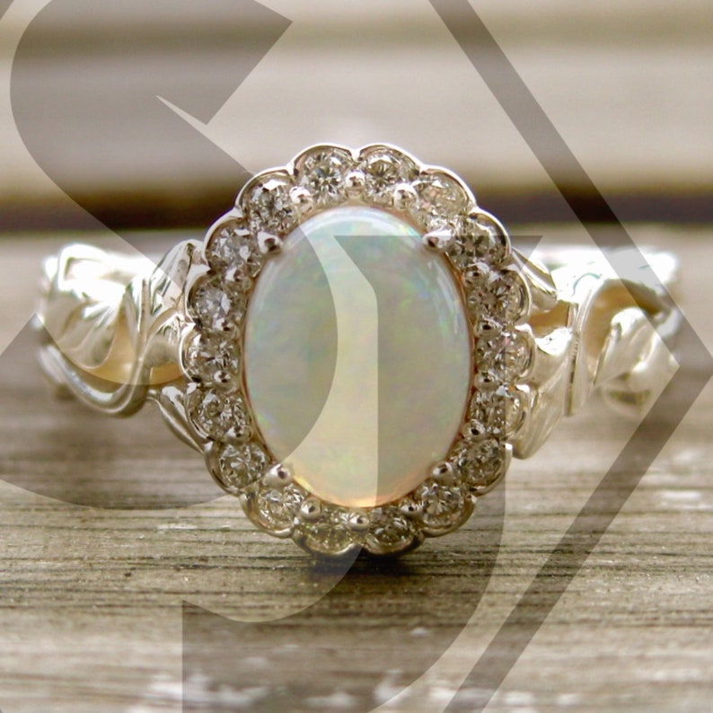 White Opal Engagement Ring with Diamonds in Sterling Silver Etsy