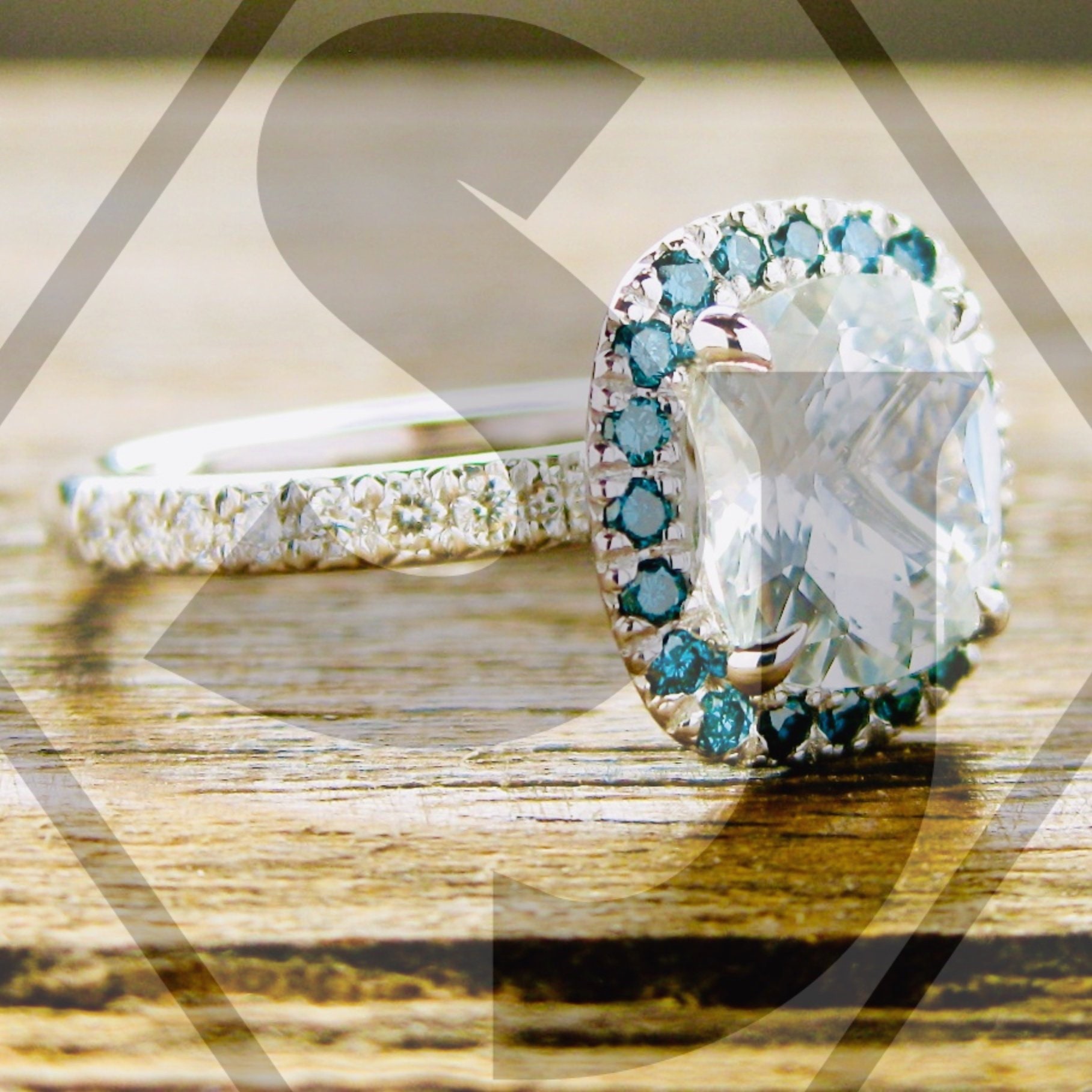 Natural White Sapphire Engagement Ring with Teal Blue Diamonds Etsy