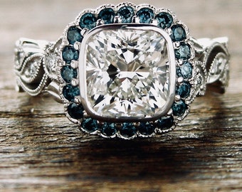 Radiant Cut Diamond Engagement Ring in Platinum with Teal Blue