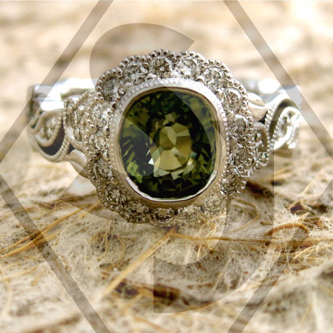 Olive Green Sapphire Engagement Ring in 14K White Gold with Etsy