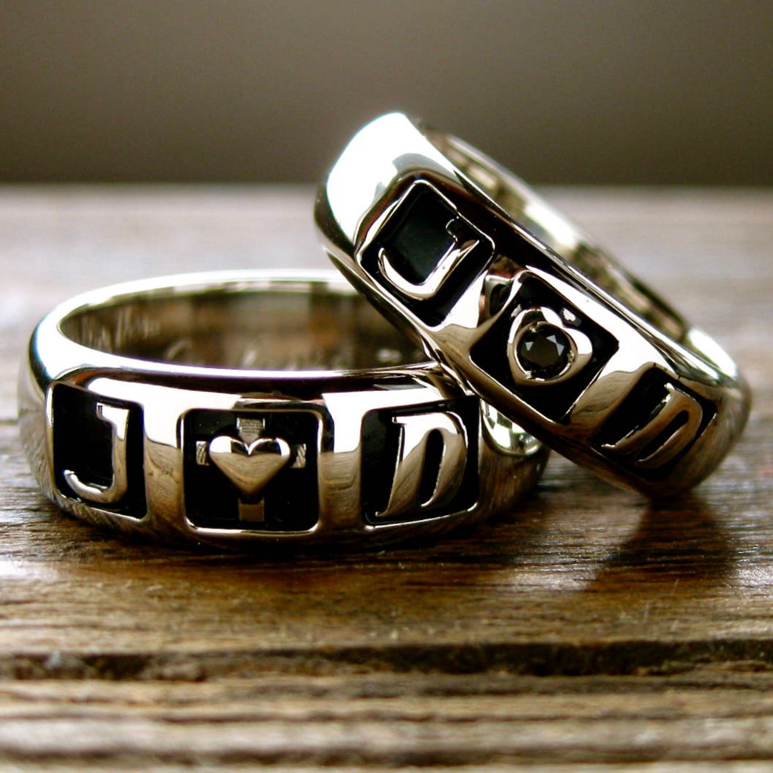 Black Diamond Romeo and Juliet Wedding Rings in 14K White Gold Etsy