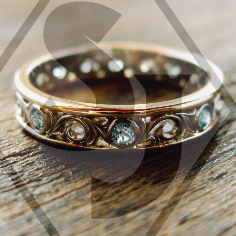 Teal Blue Topaz Wedding Band in 14K White Gold & 14K ...