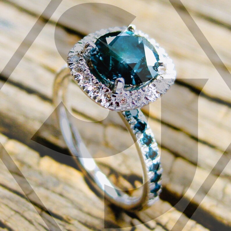Teal Blue Diamond Engagement Ring with Diamonds in 14K White Etsy