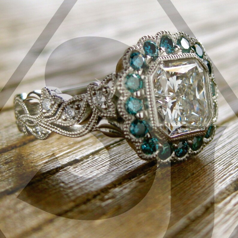 Radiant Cut Diamond Engagement Ring in Platinum with Teal Blue Etsy