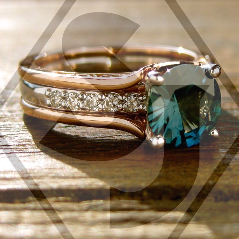 Bridal Set Teal Blue Sapphire Engagement Ring with Diamonds in Etsy