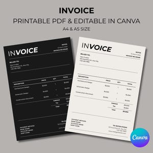 May include: A digital invoice template set featuring a black version with white text and a white version with black text. The documents include fields for billed to, description, price, quantity, total, subtotal, tax, and payment method details.