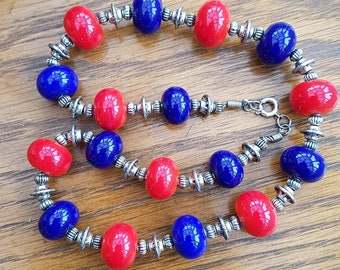 Red Blue and Silver Lampwork Bead Necklace