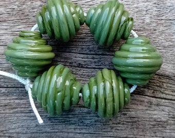 Ribbed Olive Green Lampwork Glass Beads