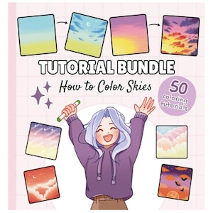 Op de afbeelding: Illustratie die een tutorialbundel promoot over het kleuren van luchten. De afbeelding toont een lachend stripfiguur met blauw haar, omringd door voorbeelden van kleurrijke luchten. De tekst luidt "Tutorial Bundle How to Color Skies" en "50 coloring tutorials."