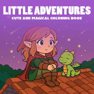 Może przedstawiać: Okładka książki do kolorowania dla dzieci z tytułem "LITTLE ADVENTURES" na fioletowym tle. Przedstawia kreskówkowego elfa i zielonego smoka siedzących na dachu z dachówek pod gwiaździstym niebem, z tekstem "CUTE AND MAGICAL COLORING BOOK".